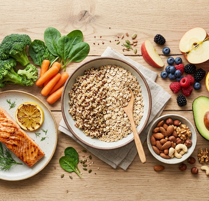 Балансирана композиция от пресни храни на дървена маса | Balanced whole foods flat lay on wooden table