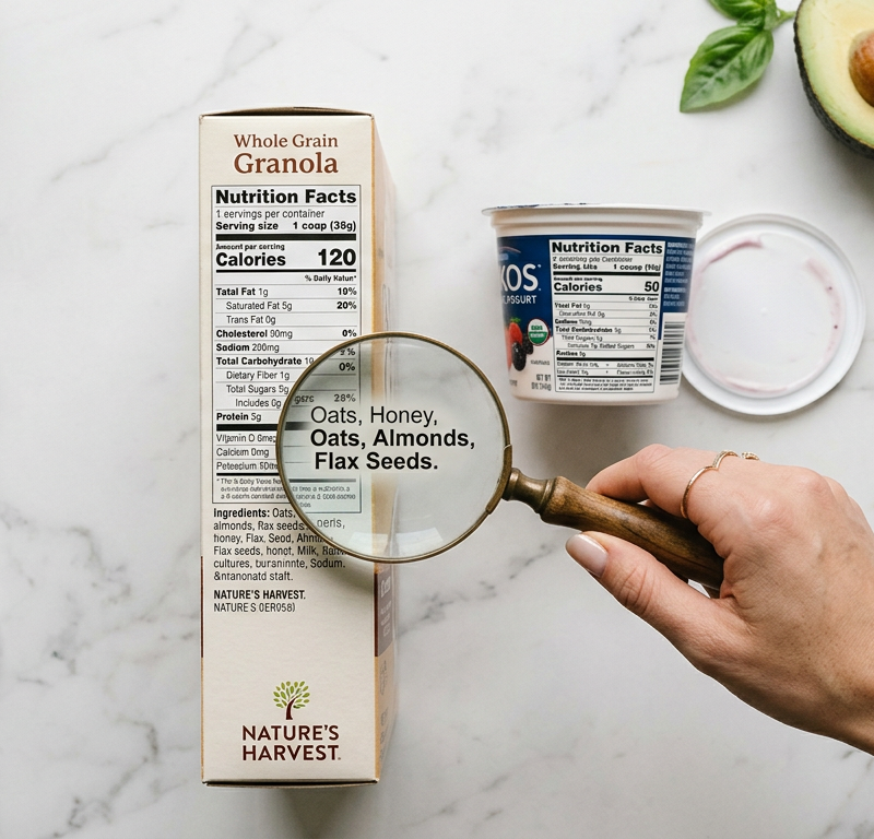 Ръка с лупа разглежда етикет на храна | Hand with magnifying glass reading a food label